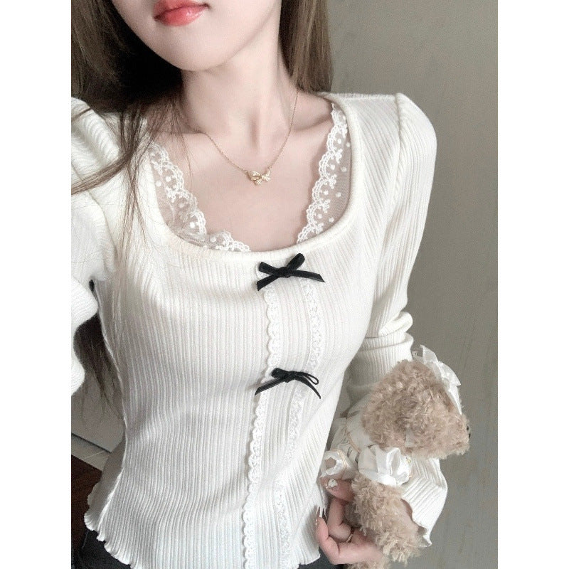 Bow Lace Stitching Long Sleeve T-shirt Women's Bottoming Top