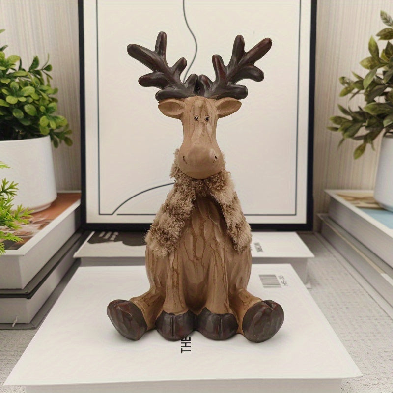 1pc Whimsical Resin Elk Figurine with Faux Fur Collar - Brown & White, Fashion-Themed Decor for Home & Office, Ideal for Christmas, Easter, Thanksgiving - No Power Needed, Christmas Deco
