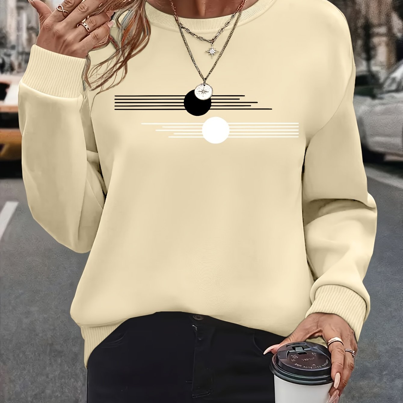 Women's Plus Size Oversized Long Sleeve Crew Neck Sweatshirt with Geometric Pattern