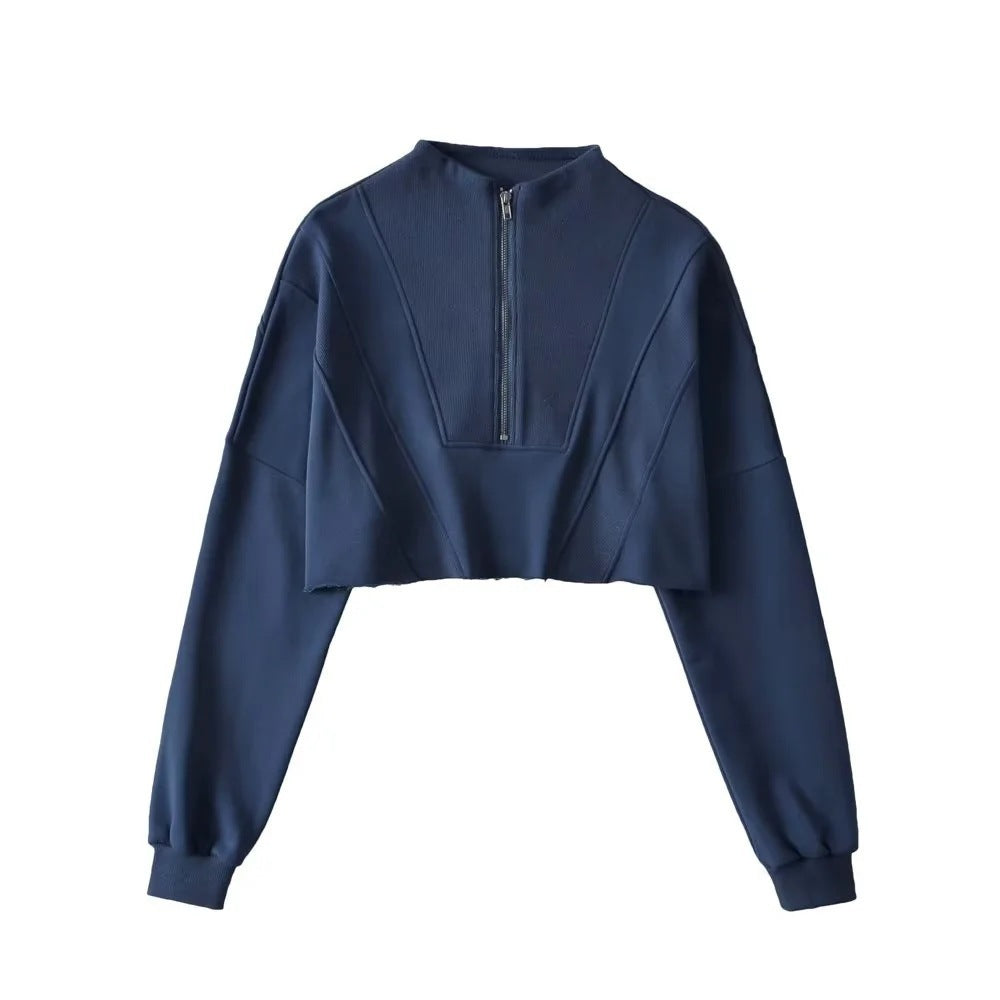 Women's Casual Half-Zip Solid Color Short Sweatshirt