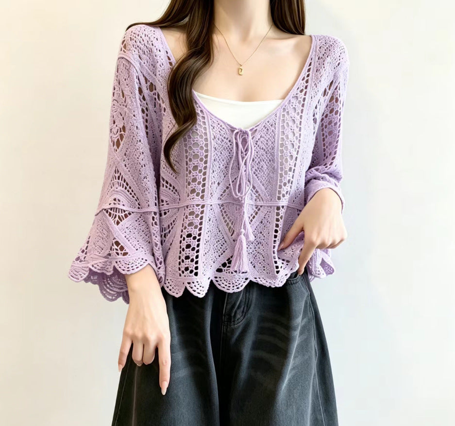 Bohemian Resort-style Crochet Hollow-out Knit Top Womens Solid-color Blouse