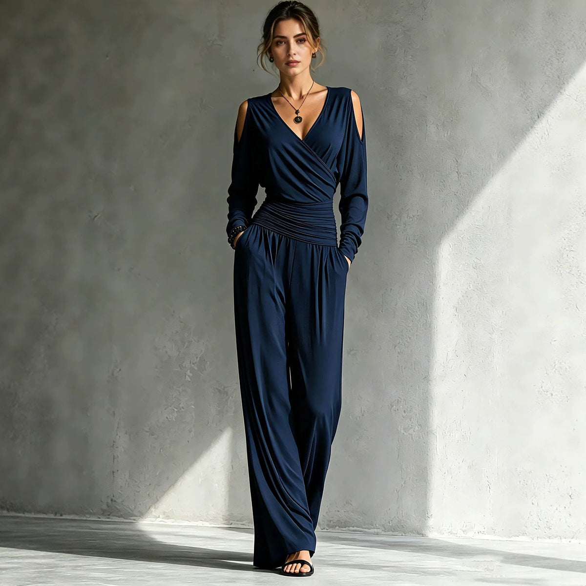 Long-sleeve Waist-cinched Pleated Casual Jumpsuit