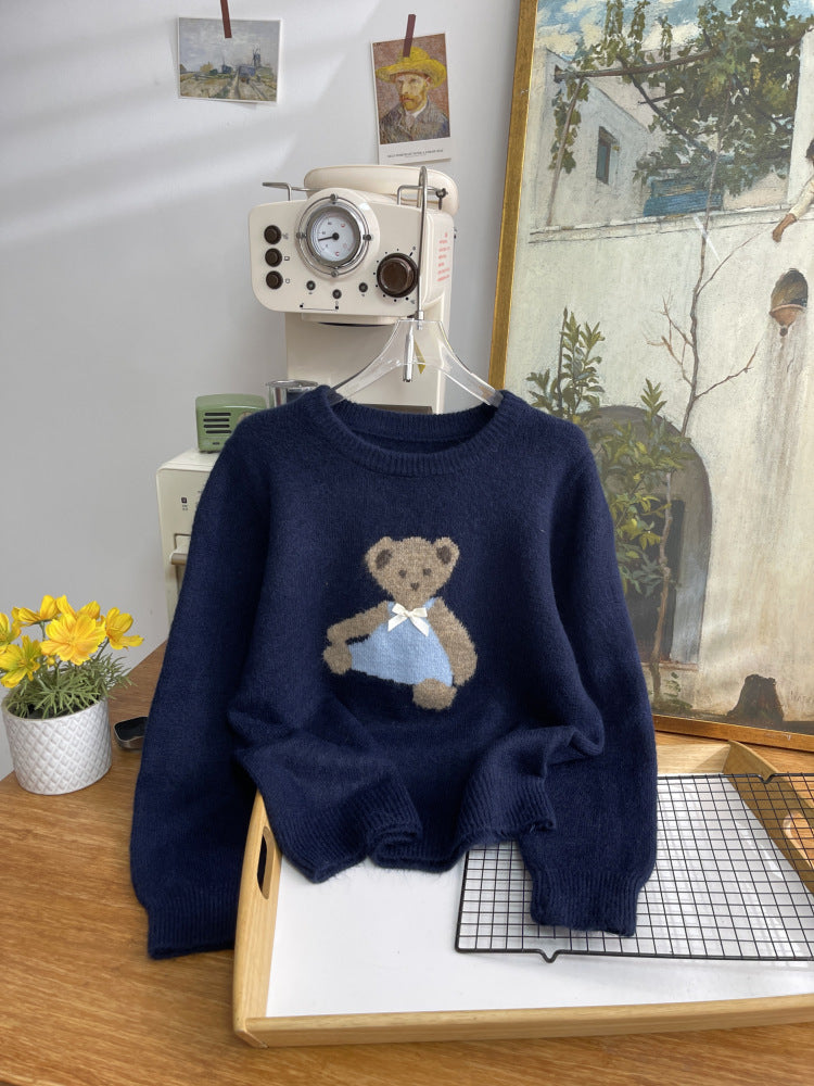 Japanese Bear Bow Cute Embroidery Autumn Winter Soft and Comfortable Sweater