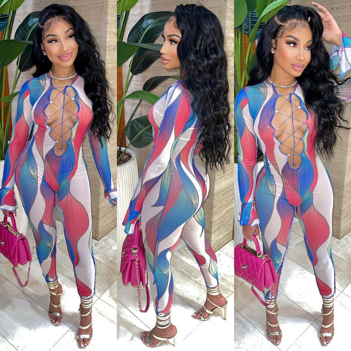 Women's Chic Printed Long-Sleeve Jumpsuit