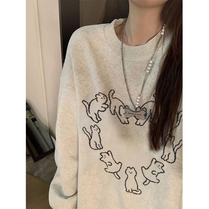 Cute Cat Print Casual Crew Neck Sweatshirt