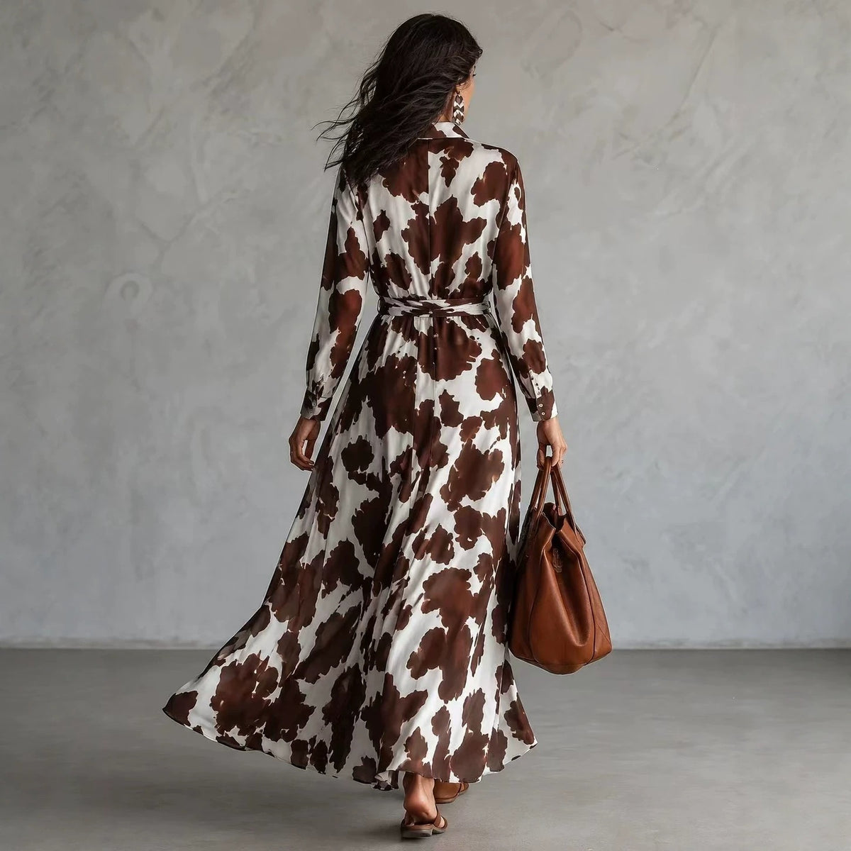 Chic Cow Print Long Sleeve Maxi Dress with Cinch Waist