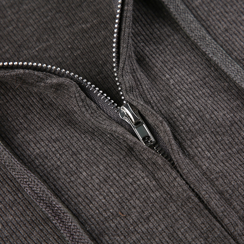 Women's Gray Ribbed Hooded Zip-Up Short Cardigan Sweater