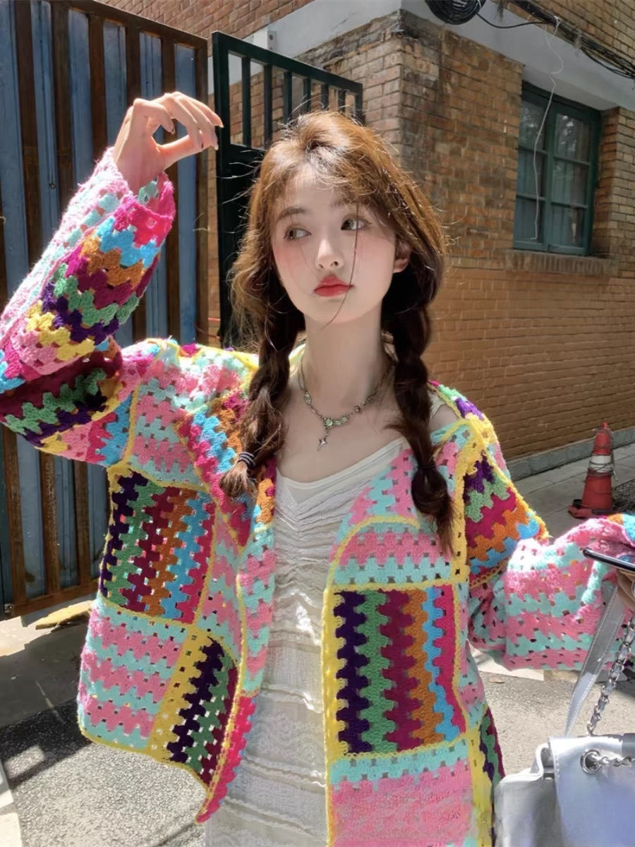 Sweet Heavy Industry Color Woven Crochet Loose Slim Long Sleeve Sweater