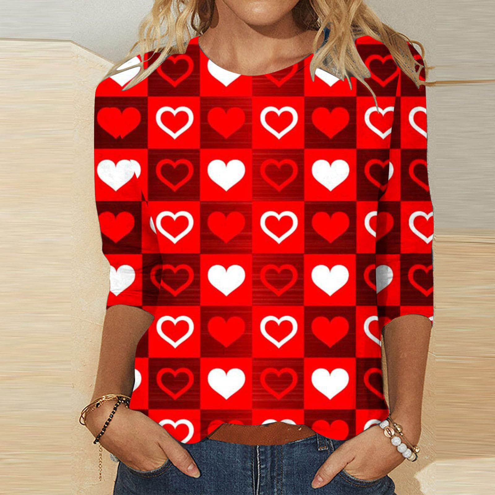 Valentine's Heart Print Casual Crew Neck T-Shirt
