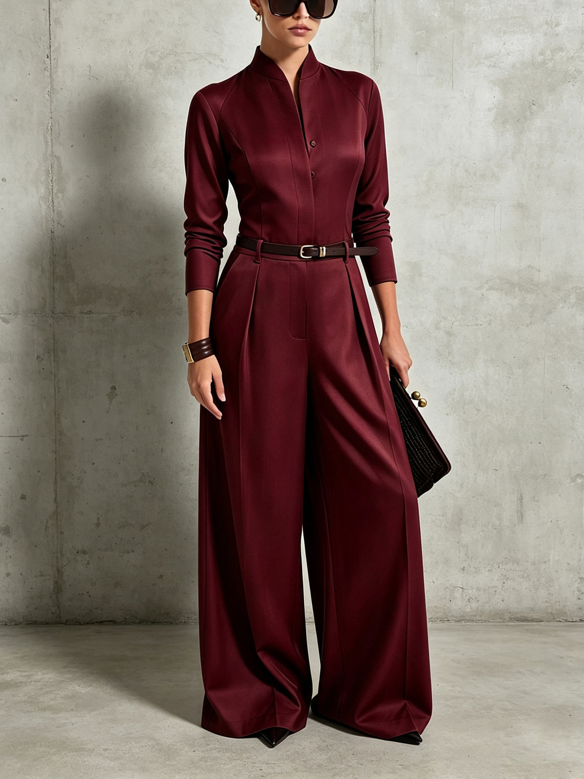 Chic Stand-Collar Long Sleeve Wide-Leg Jumpsuit