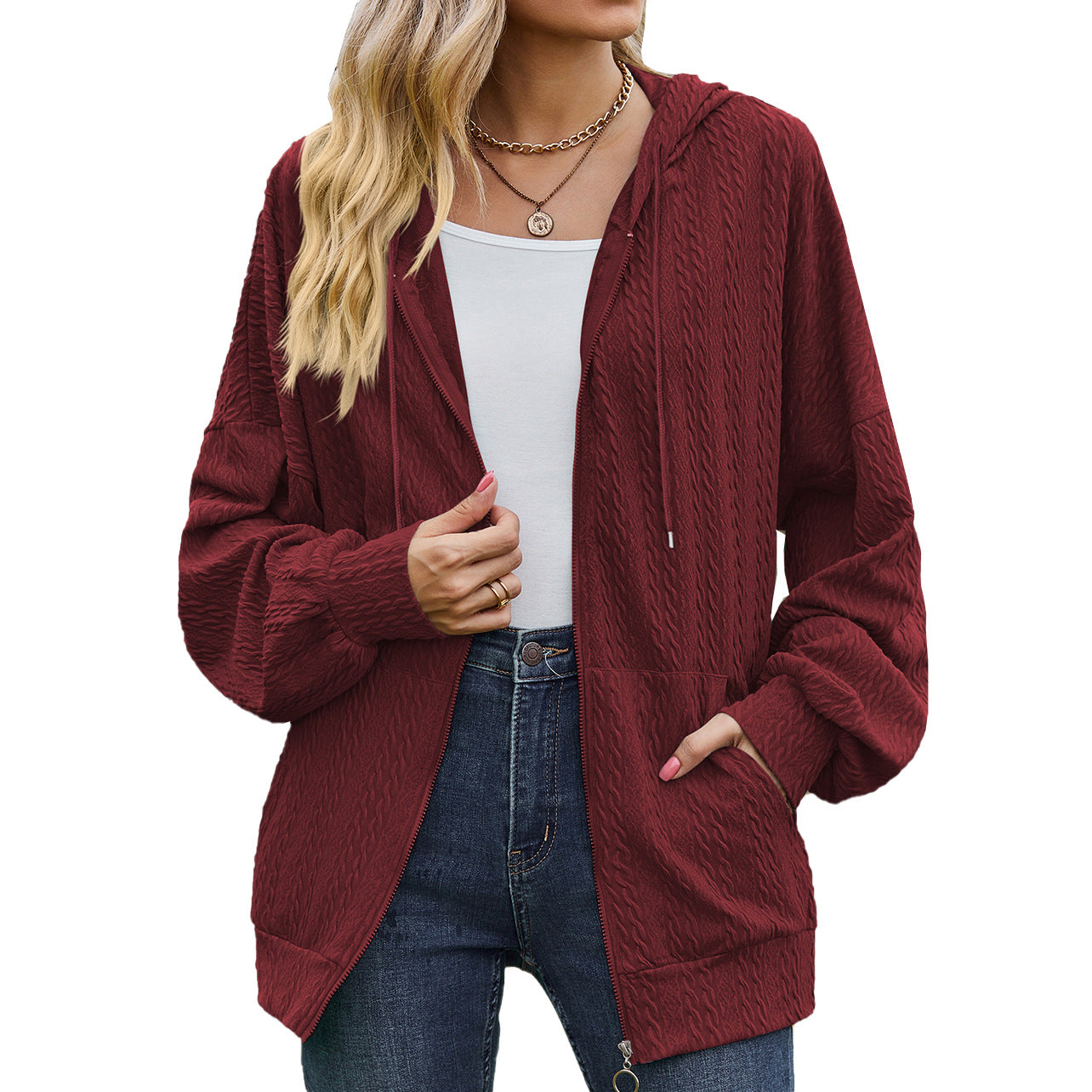 Women's V-Neck Zip-Up Loose Casual Sweater Coat