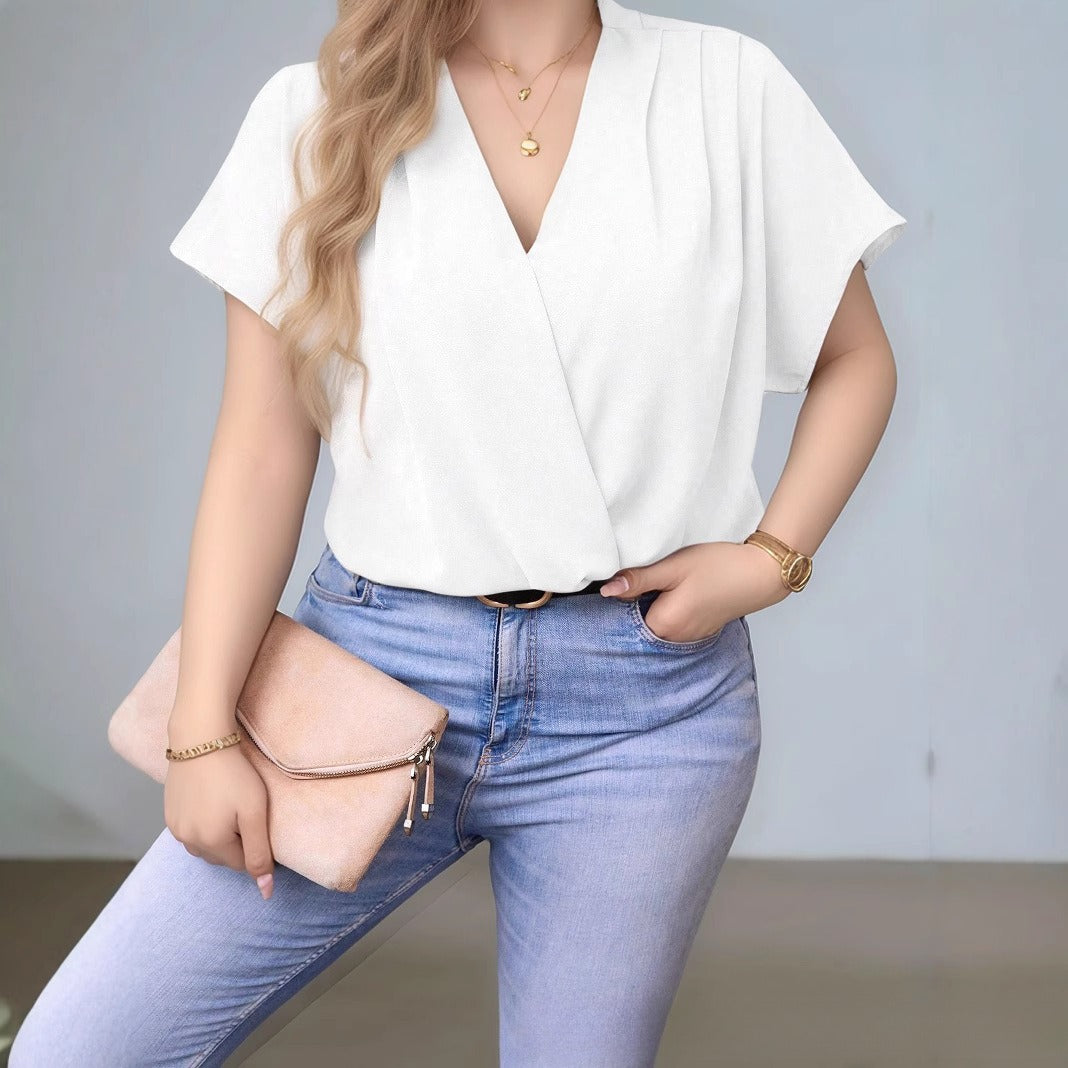 Women's Loose Fit V‑Neck Short‑Sleeve Tee – Solid Color