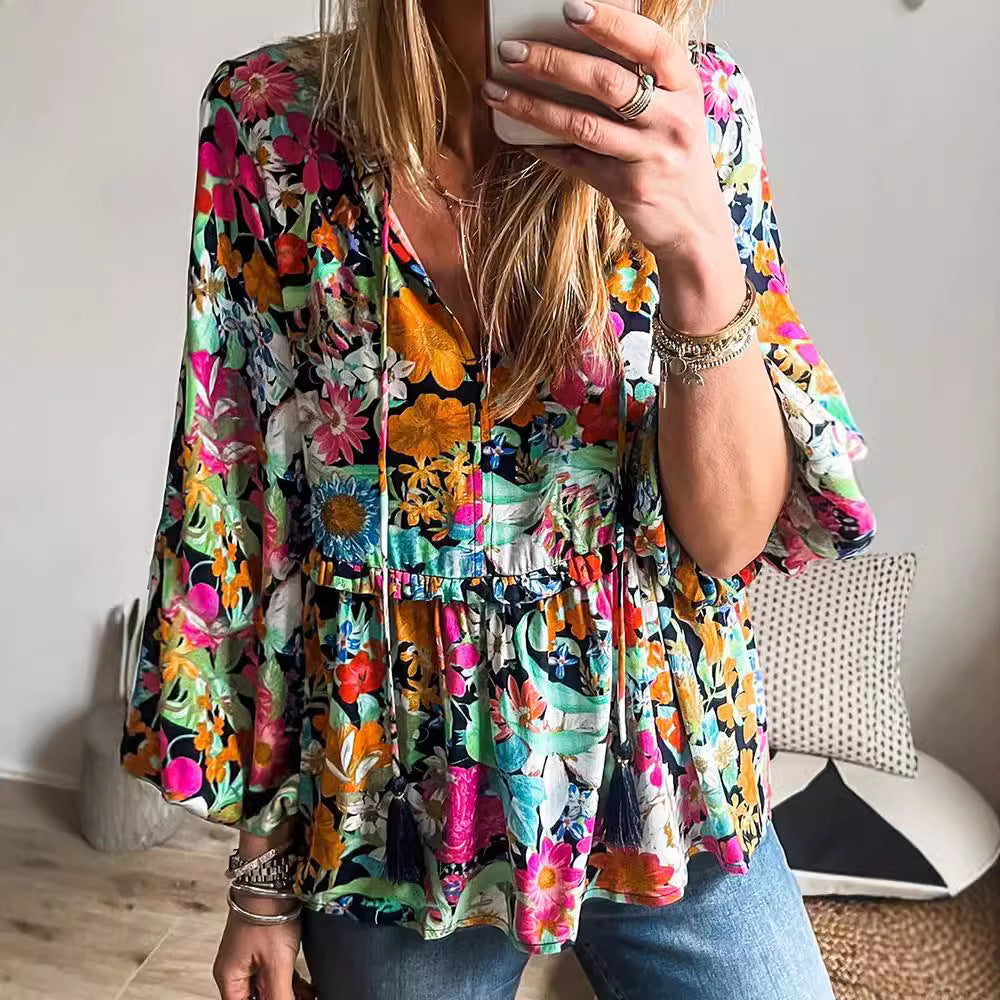 Early Spring New Color-Block Layered Ruffle-Trimmed Pullover