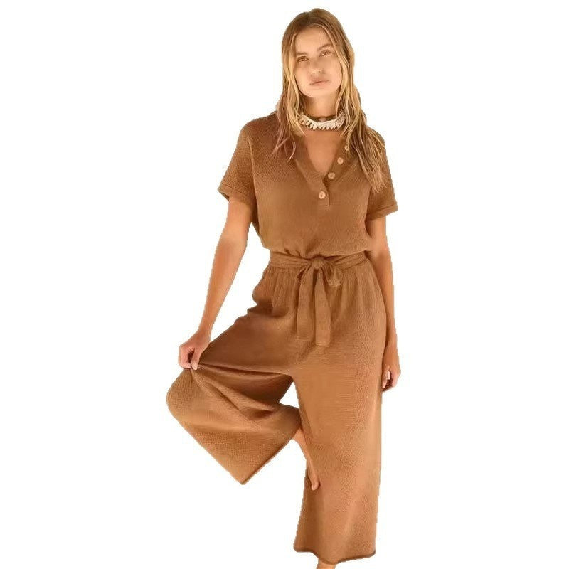 New Womens V-neck Buttoned Short-sleeve Wide-leg Pants With A Tie