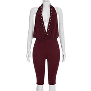 Backless V-Neck Rivet Cropped Jumpsuit for Women