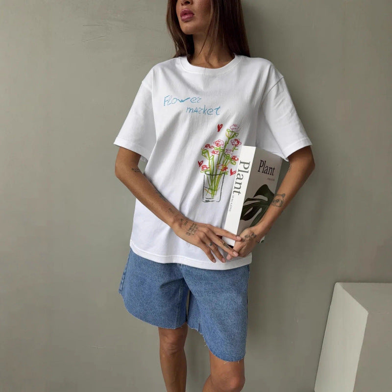 Loose‑Fit Cotton Short‑Sleeve Top with Letter Print – Casual Everyday Tee