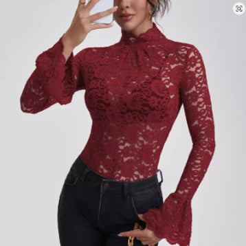 Paisley Lace Slim-fit Flared Sleeves Top