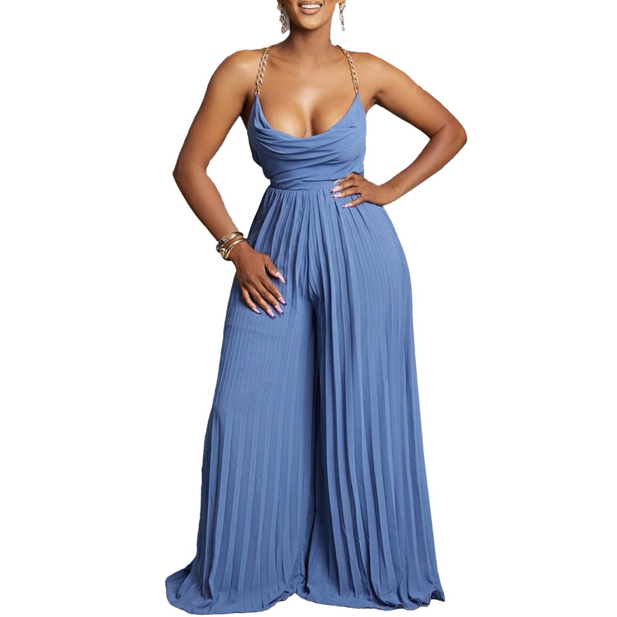 Women's Chain On Neck High Waist Pleated Wide-leg Jumpsuit
