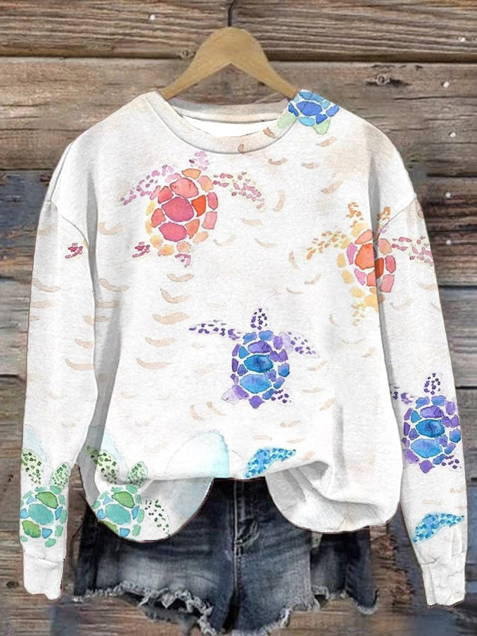 Trendy Digital Print Drop-Shoulder Long-Sleeve Sweater