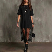 Womens Solid-color Lace-patchwork Short-sleeve Dress