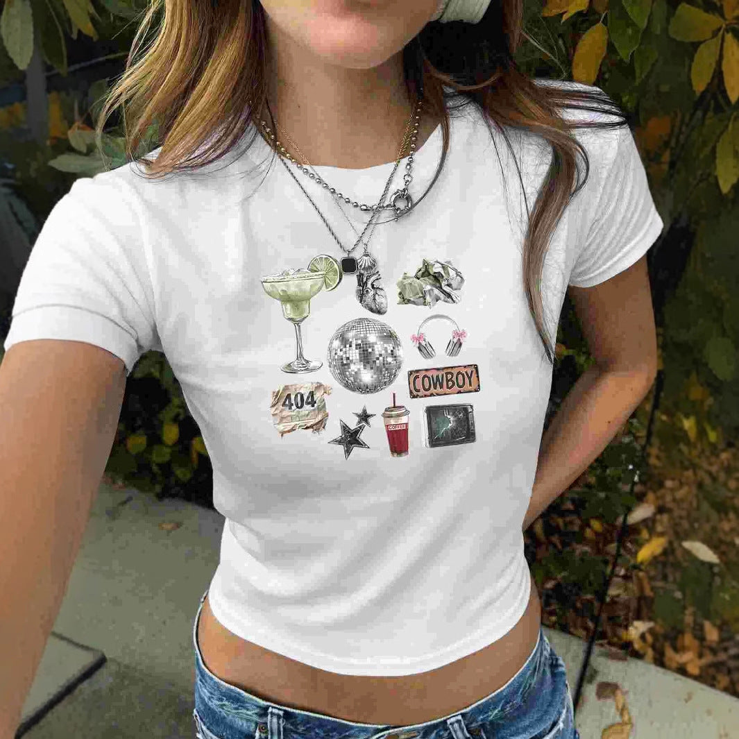 Summer Metal Ball Letter Tee – Slim Fit, Casual White