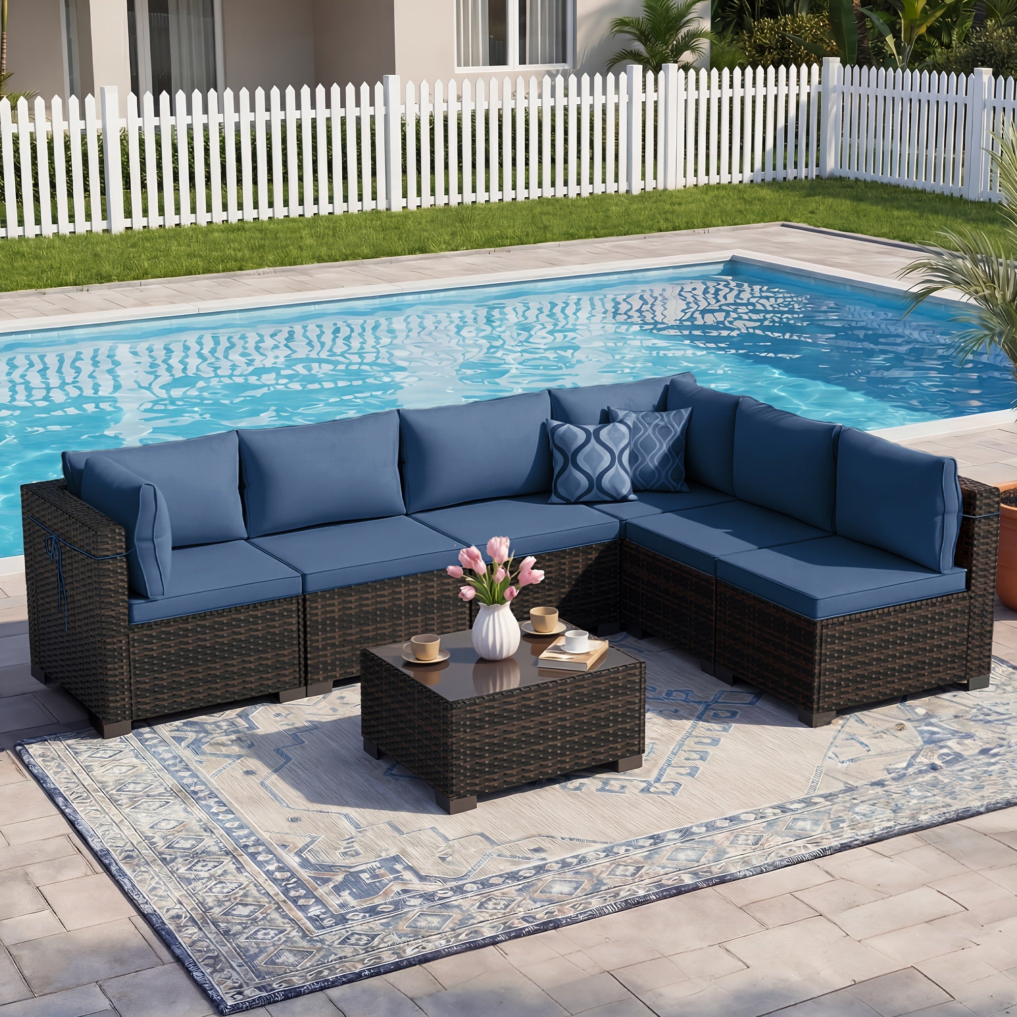 [Outdoor Patio Sets] LEVELEVE 6/7/9pcs All-Weather Outdoor Patio Furniture Sets, Rattan Conversation Sectional Set, Manual Weaving Wicker Patio Sofa with Tea Table