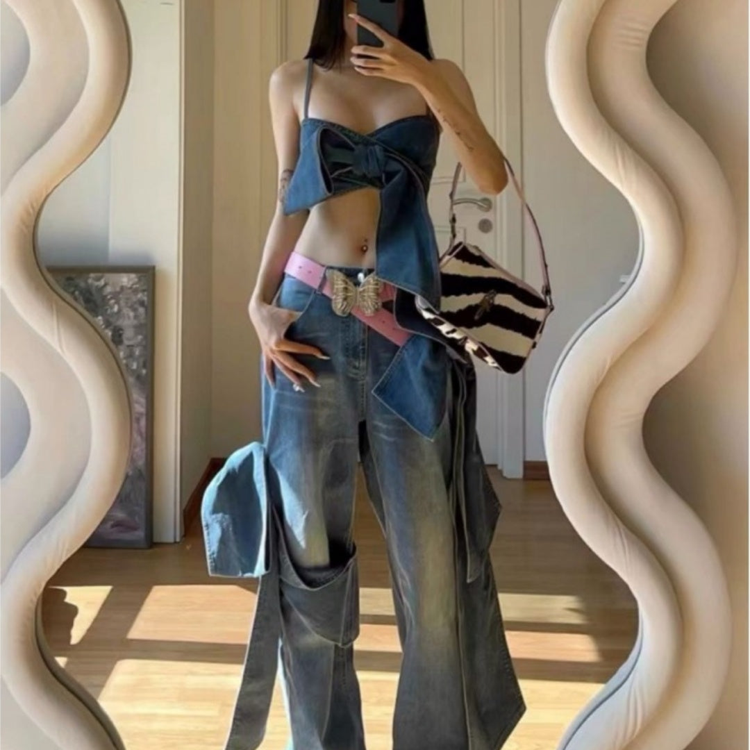Sexy Bow Tie Denim Crop Top & Ultra Short Set