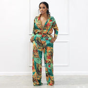 V-Neck Digital Printed Jumpsuit Set for Women