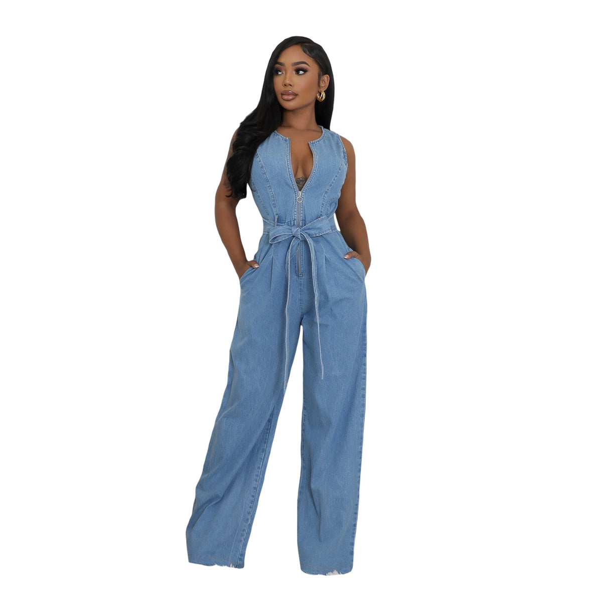 Slim-Fit Wash Denim Jumpsuit with Fitted Waist