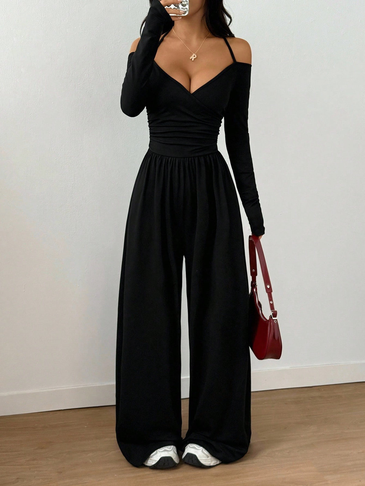 V-neck Halter Lace-up Long-sleeve Jumpsuit For Women