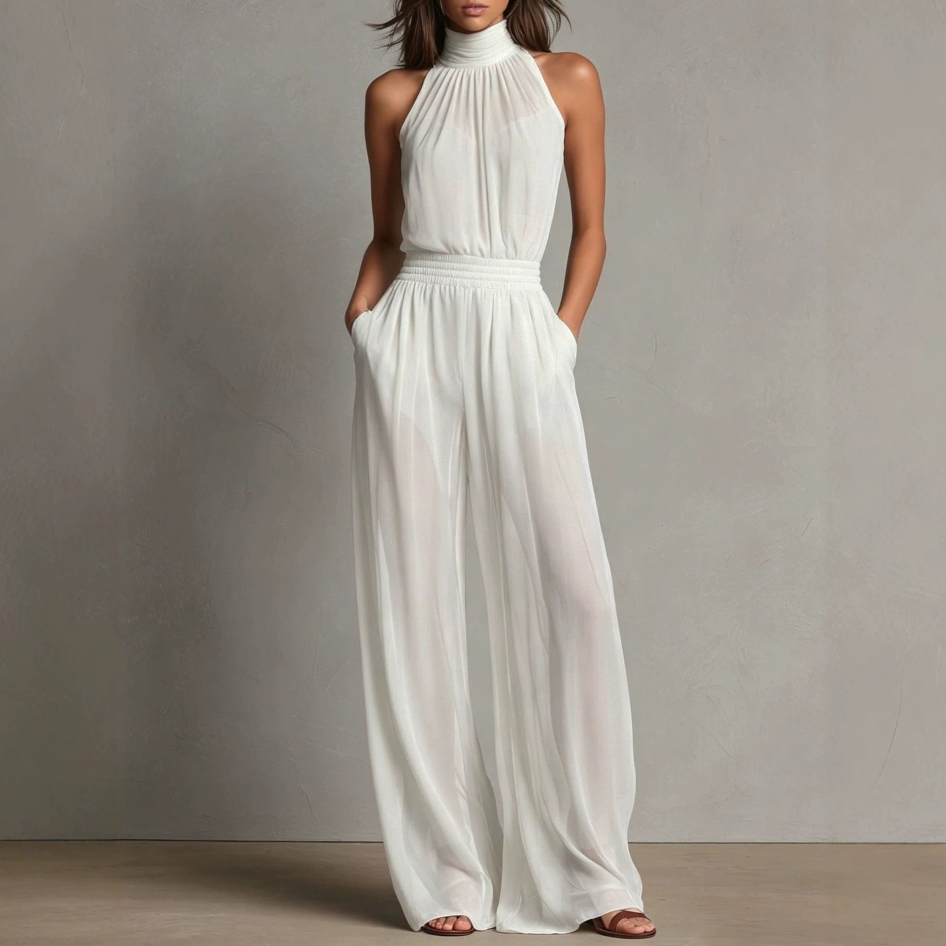 Womens Chiffon Spliced Sleeveless High-Neck Backless Wide-Leg Jumpsuit