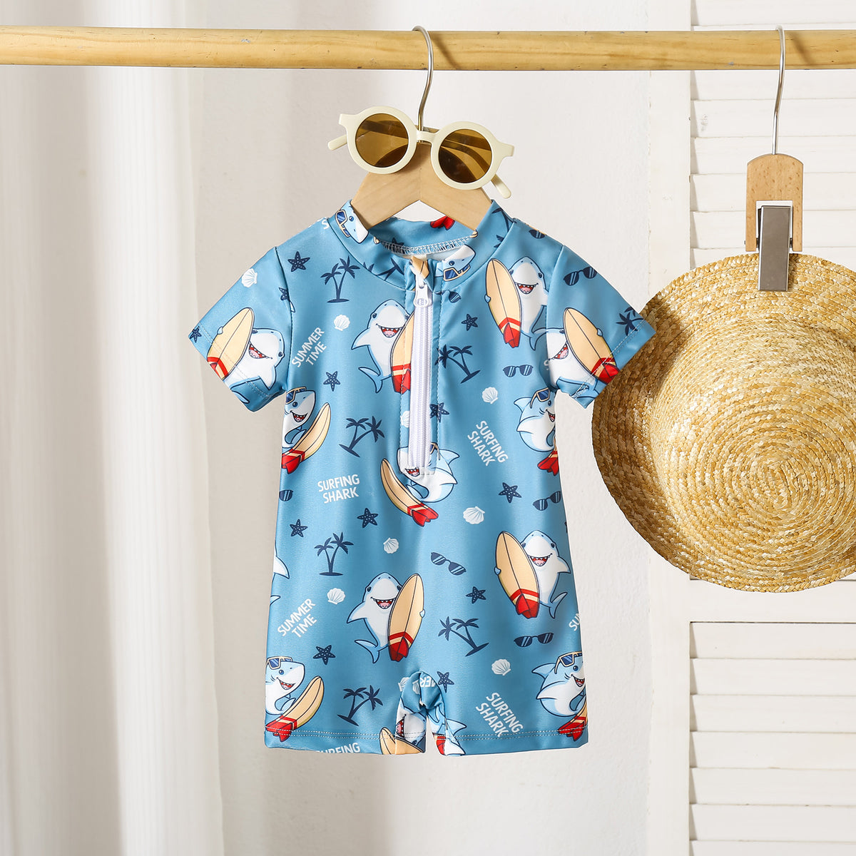 Boys' Shark Print Summer Romper & Swimsuit