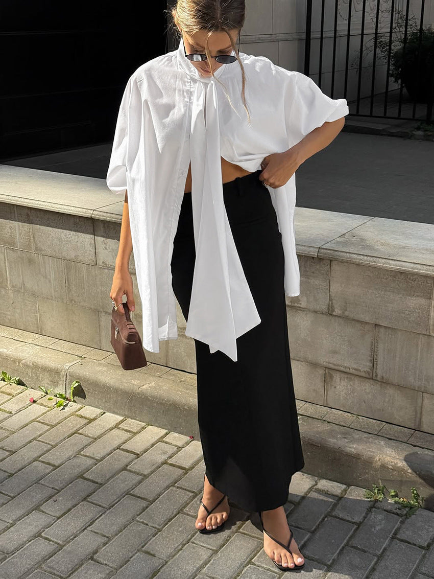 Loose-fitting Long-sleeved White Shirt With A Flowy Collar