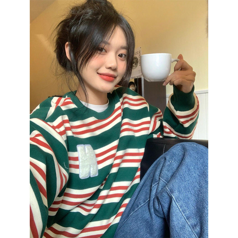 Retro Letter Embroidered Striped Casual Pullover Sweater