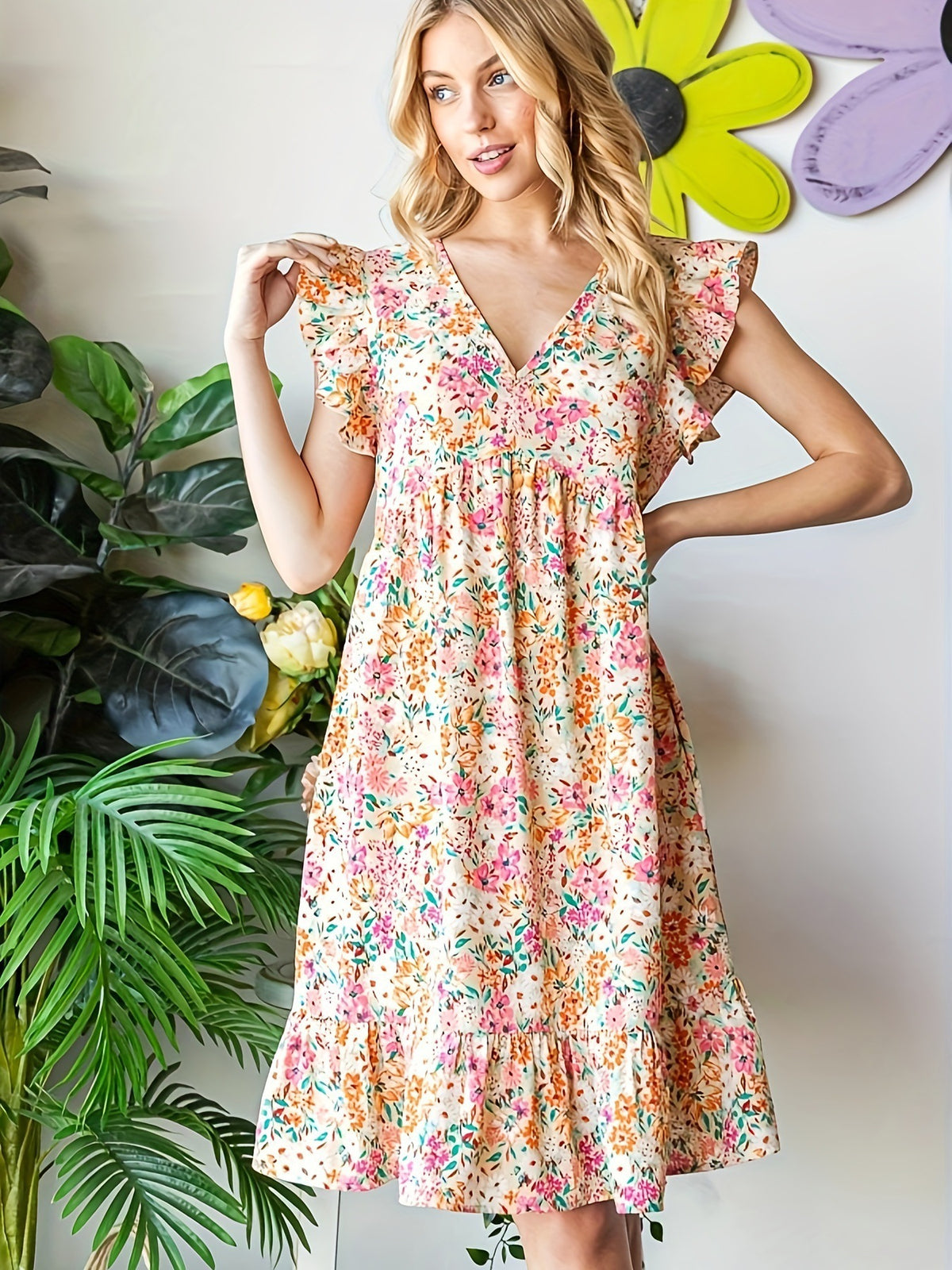 2026 European and American Cross-border Hot-selling Dress, Bohemian Style Printed Pleated Floral V-neck Sexy Dress