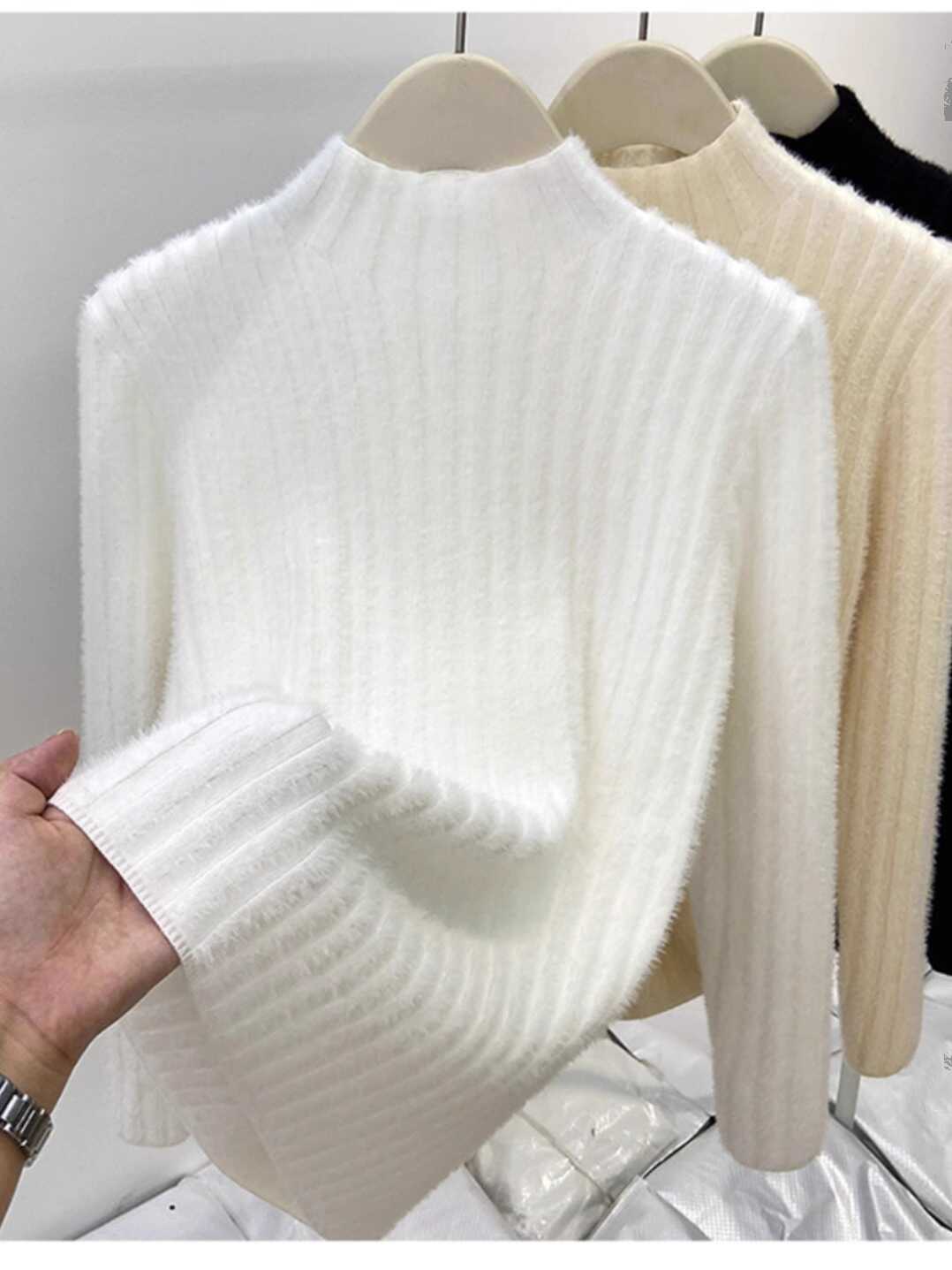 Mink-wool Knitted Mock-neck Base Layer for Spring and Autumn