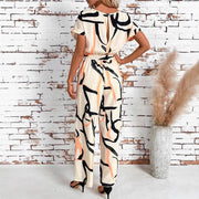 Retro Floral Short-Sleeve Waist-Cinching Jumpsuit