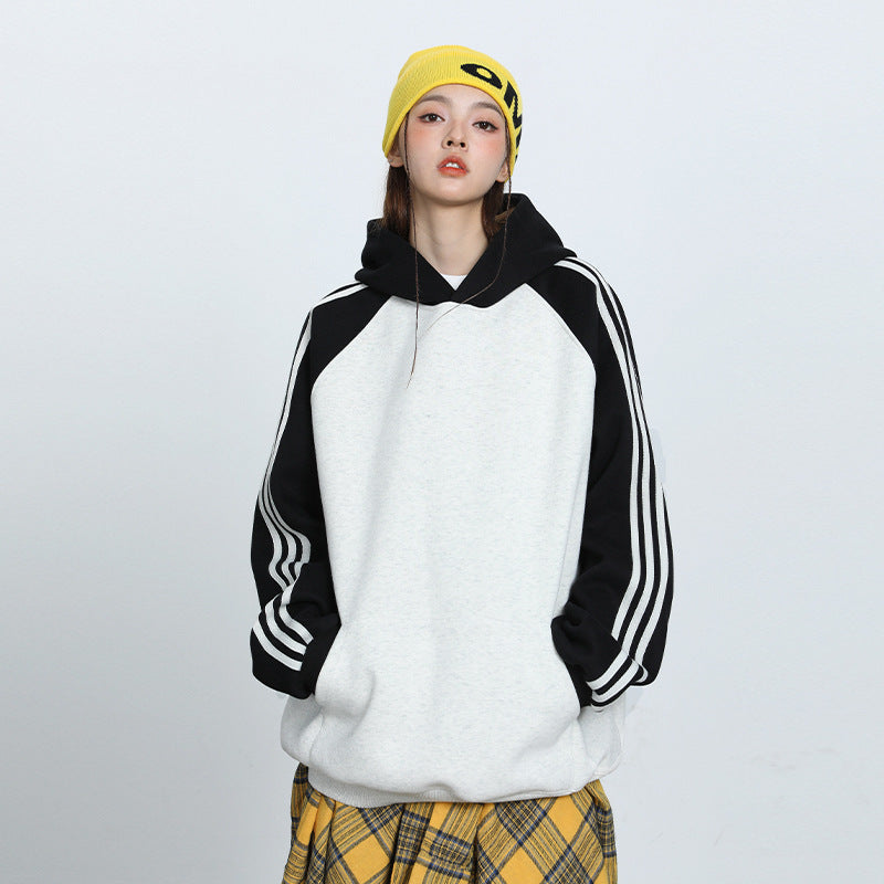 Unisex Contrast Stripe Raglan Pullover Casual Sweatshirt