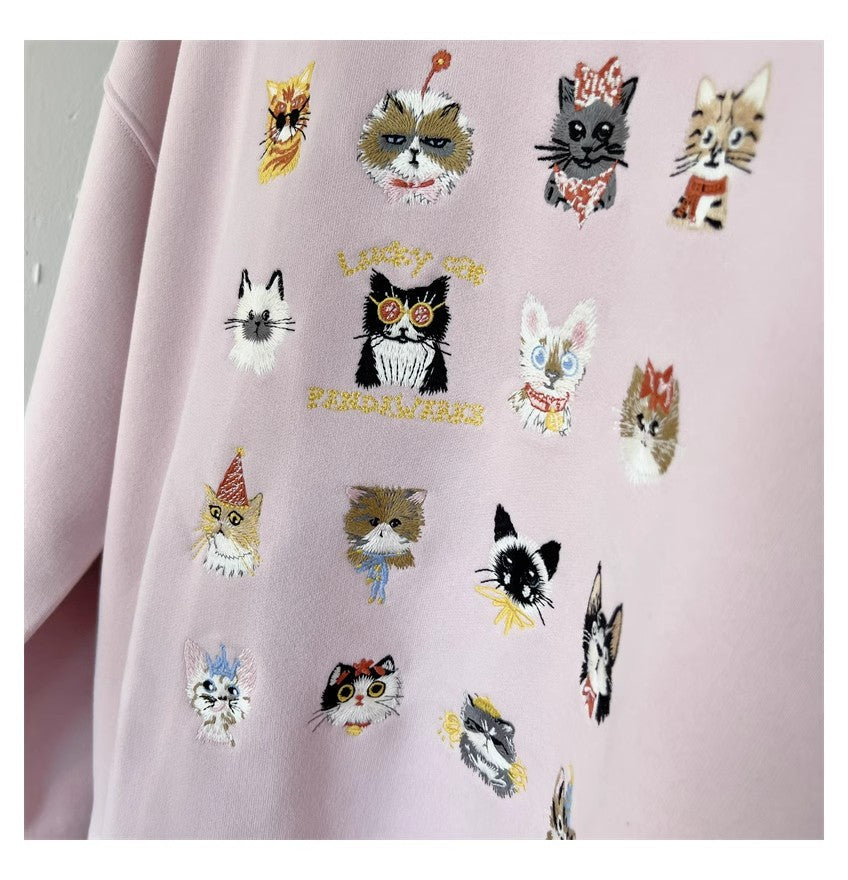 Cute Kitten Embroidered Loose Streetwear Sweater Coat