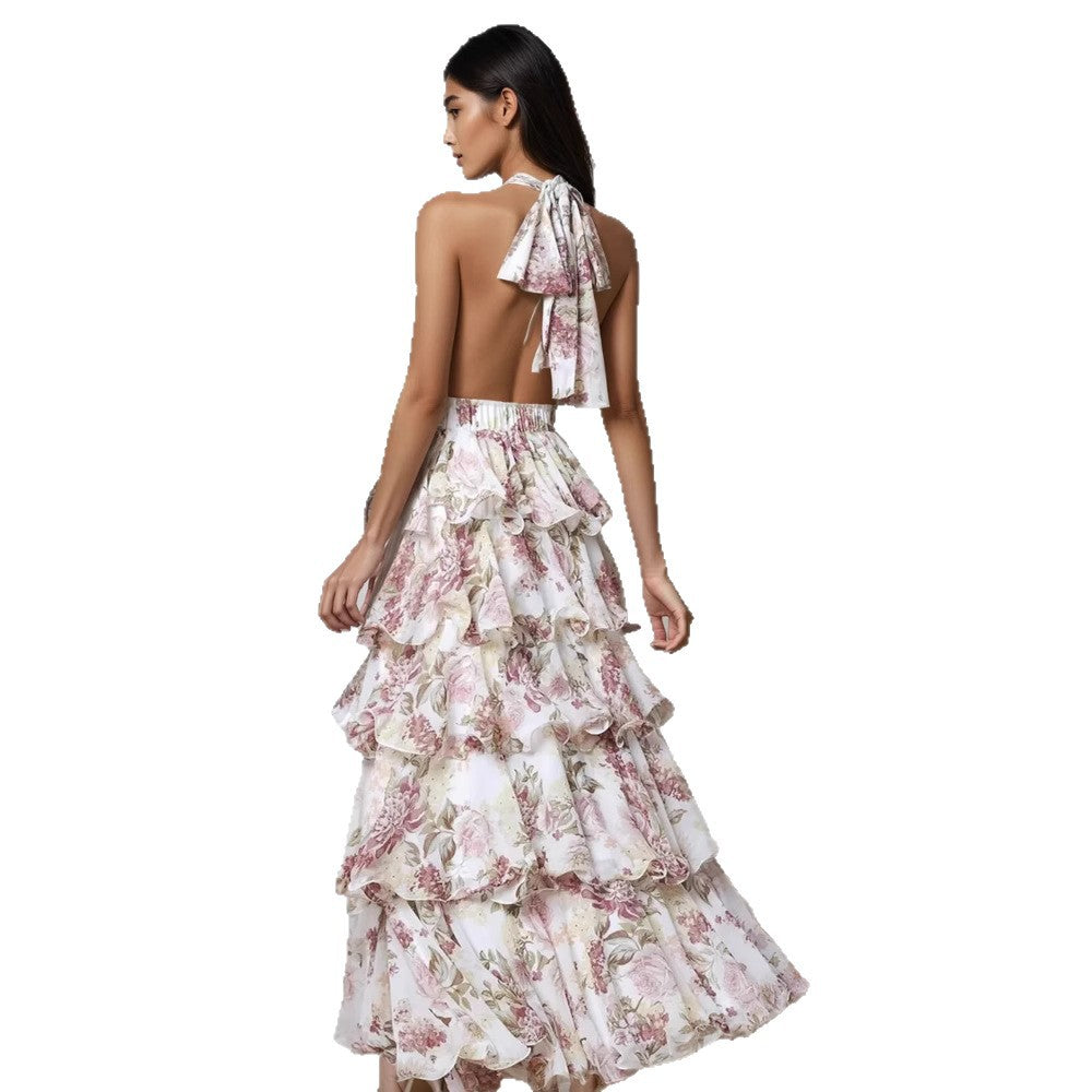 Womens V-neck Strap Multi-layer Printed Dress