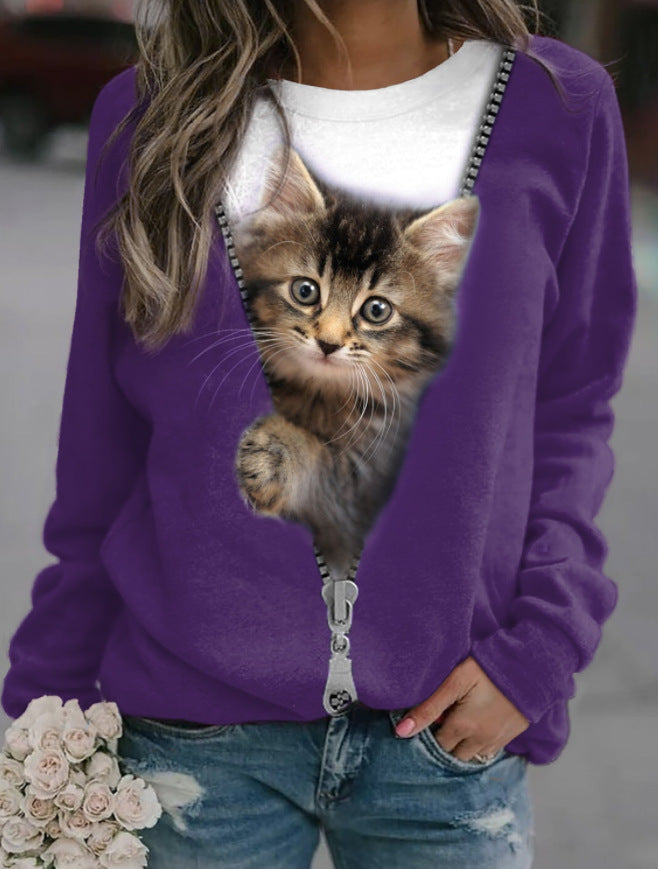 Cute Cat Print Casual Round Neck Pullover Sweatshirt