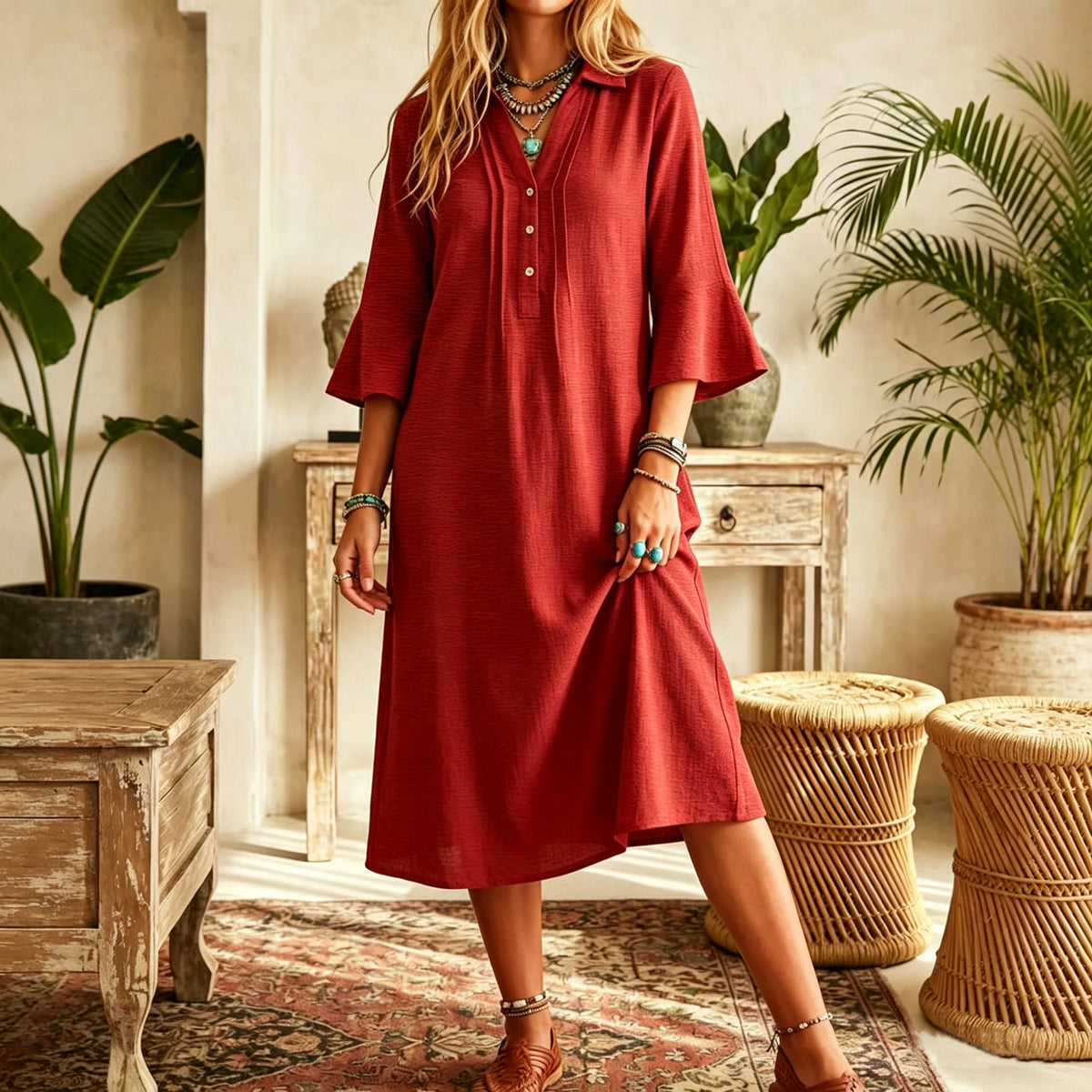 Red Long Casual Linen Shirt Dress with Buttons