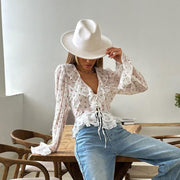 Women's Chiffon Printed Slim-fit Flared Sleeves Tied Lotus Leaf Shirt
