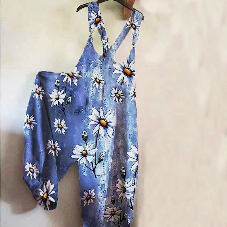 Womens Floral-Print Loose Casual Suspender Jumpsuit With Buckles