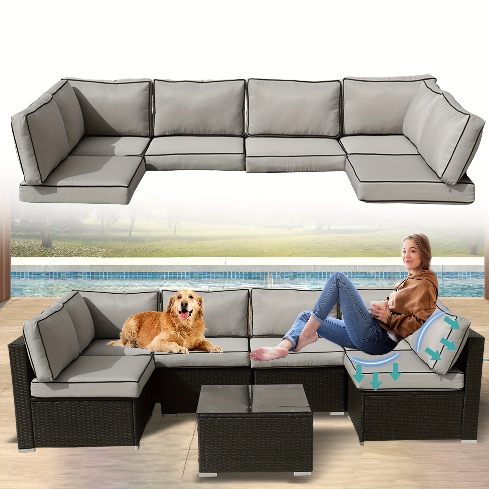 14pack Outdoor Furniture Replacement Cushions, Sectional Rattan Conversation Set Water-Resistant Replacement Sofa Cushions, Liner&Cover