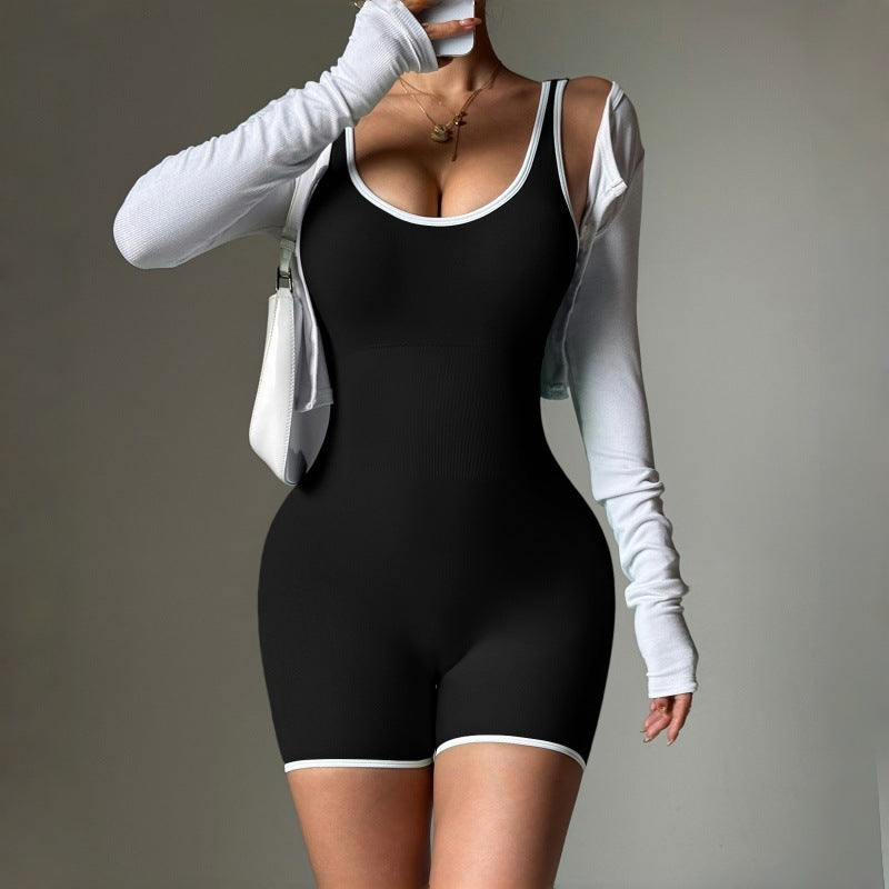 Contrast-Color U-Back Body-Shaping Yoga Jumpsuit
