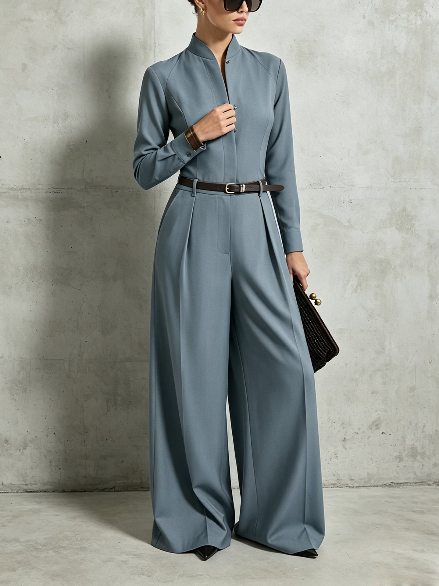 Chic Stand-Collar Long Sleeve Wide-Leg Jumpsuit