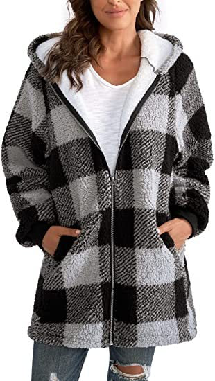 Plush Plaid Hooded Long Coat for Women