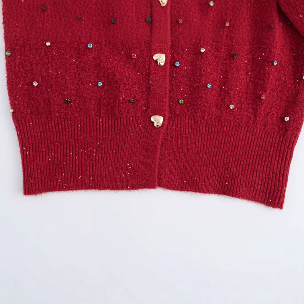 European and American Style Fashion Sequin Colorful Crystals Love Button Knitted Cardigan Jacket