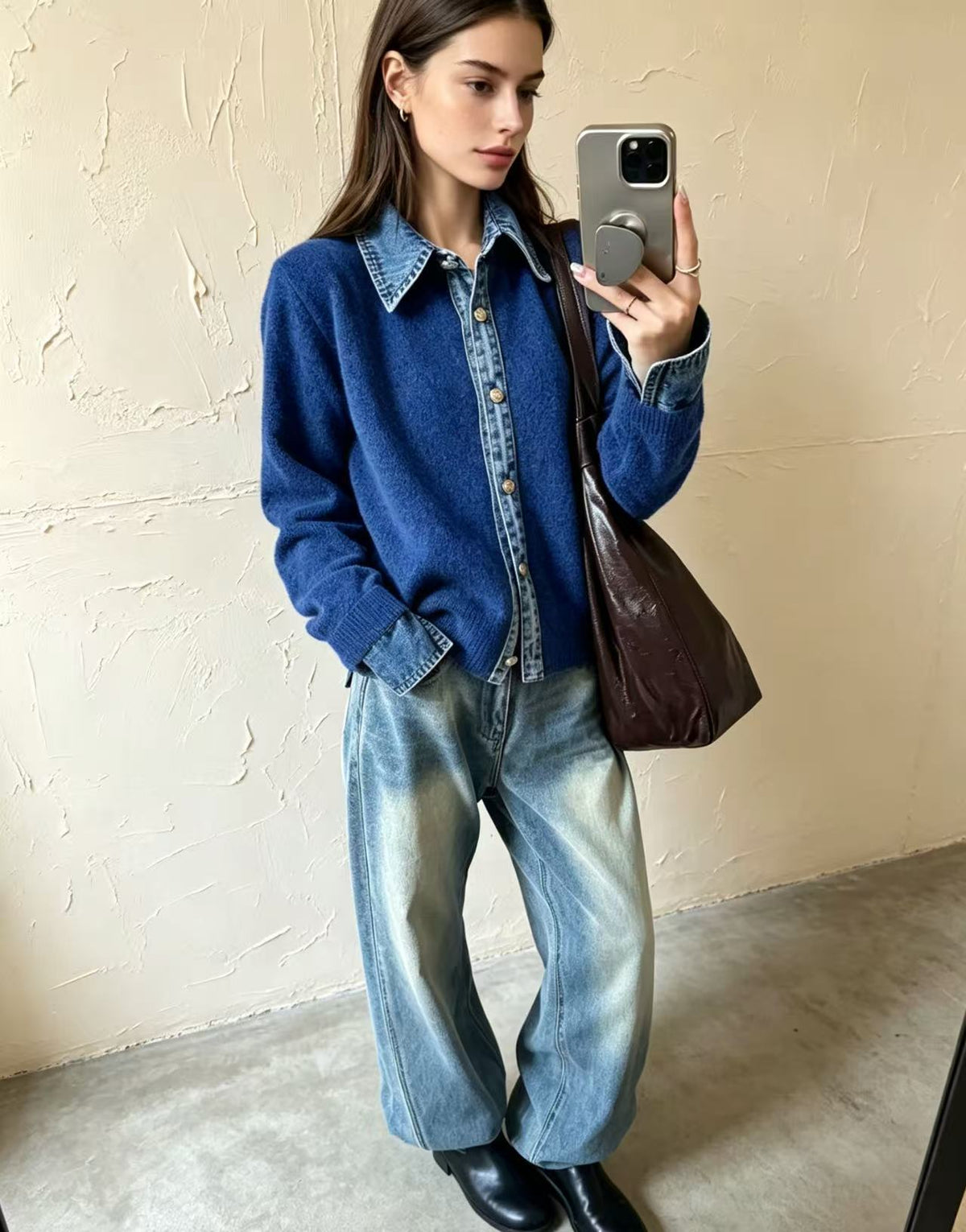 Fake Two-piece Sweater Womens Cardigan Laid-back Style Knit Jacket